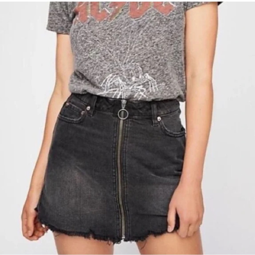 Free People We The Free Zip It Up Fringed A-line Black Denim Mini Skirt